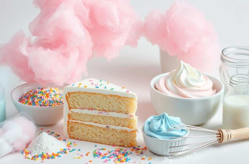 A slice of layered cake with sprinkles sits on a table surrounded by cotton candy, frosting, and baking ingredients.