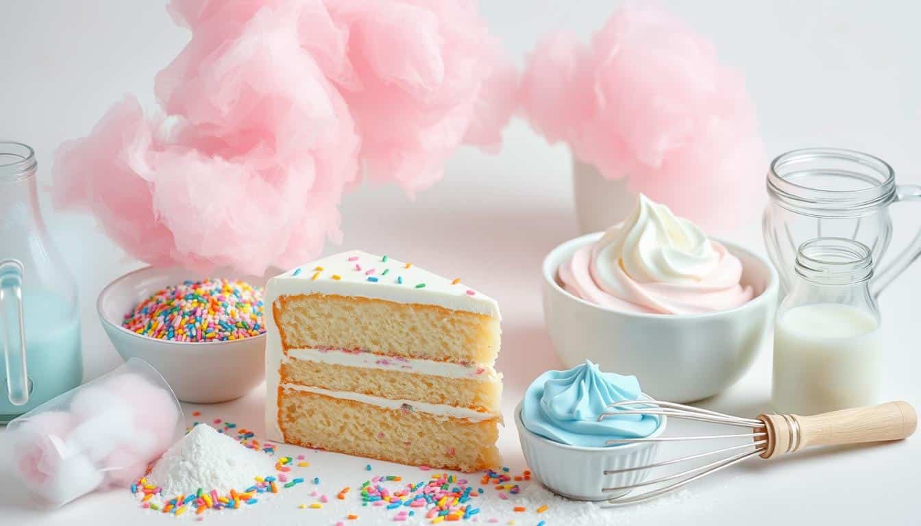 A slice of layered cake with sprinkles sits on a table surrounded by cotton candy, frosting, and baking ingredients.