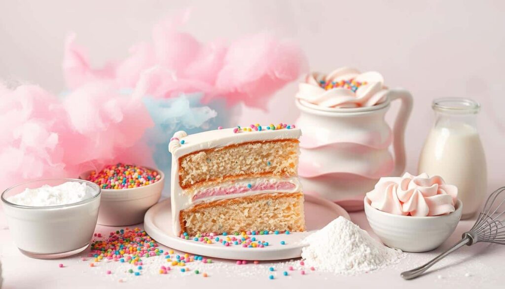 Ingredients for making a cotton candy cake, including pink and blue food coloring, frosting, sprinkles, and cotton candy, neatly arranged on a countertop.