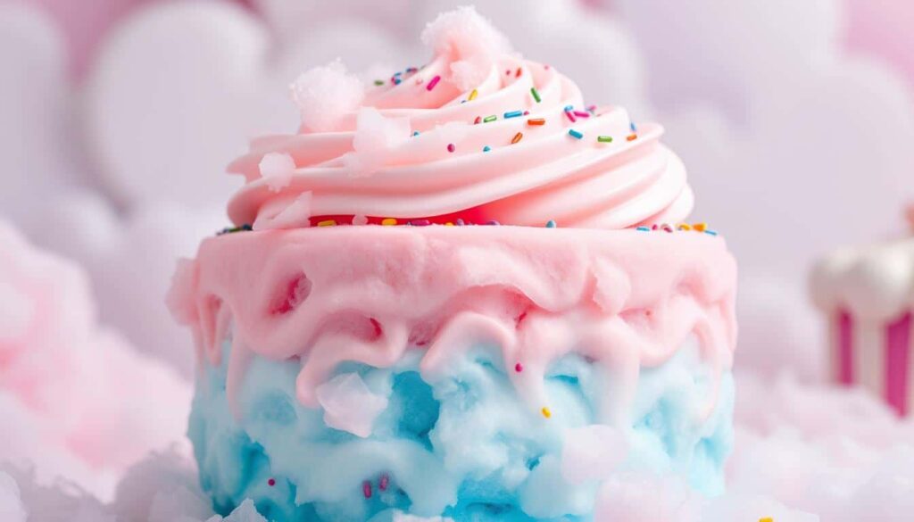 Close-up of a slice of cotton candy cake, showing its soft layers of pink and blue sponge with creamy frosting, evoking the look and sweetness of cotton candy.