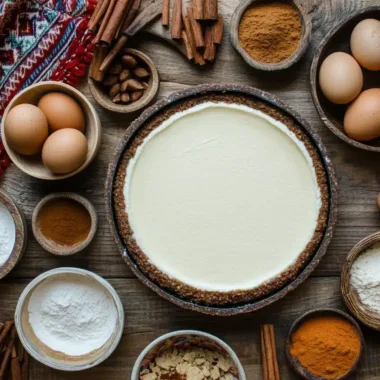An overhead shot of a cheesecake surrounded by ingredients like eggs, flour, and spices.