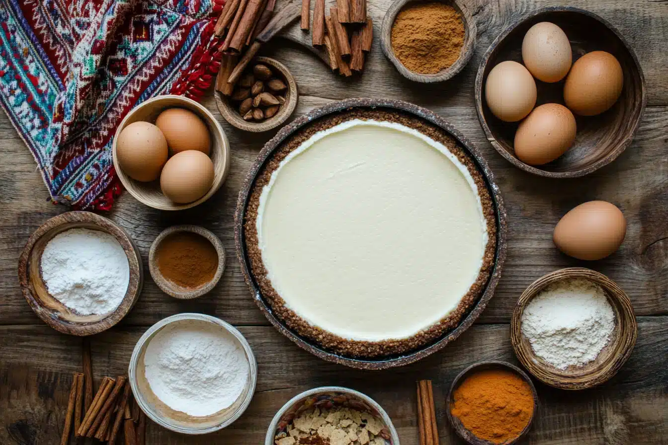 An overhead shot of a cheesecake surrounded by ingredients like eggs, flour, and spices.