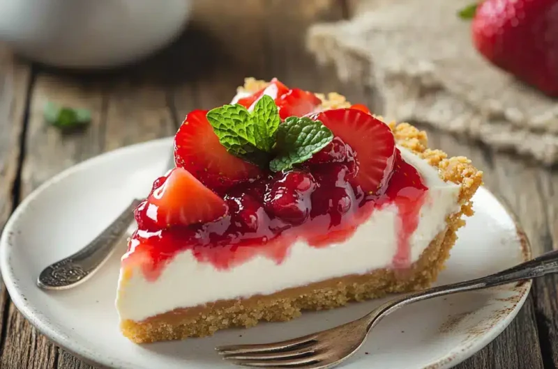 A slice of strawberry cheesecake topped with fresh strawberries and a sprig of mint sits on a white plate.
