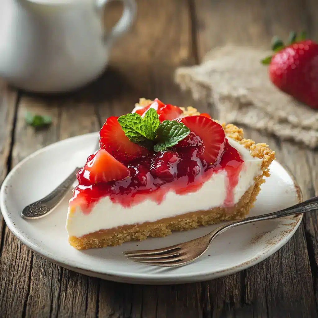 A slice of strawberry cheesecake topped with fresh strawberries and a sprig of mint sits on a white plate.