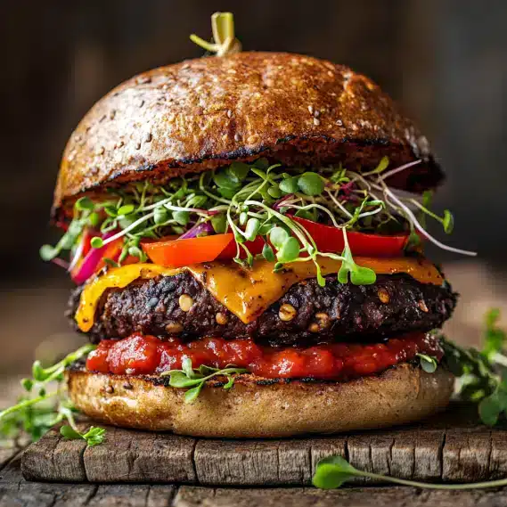 A detailed close-up food photograph of a black bean burger on a whole-grain bun, displayed on a rustic wooden table. The burger is topped with vibrant bell peppers, sprouts, and a dollop of salsa. The image is taken in natural light and highlights the textures and earthy tones of the ingredients.