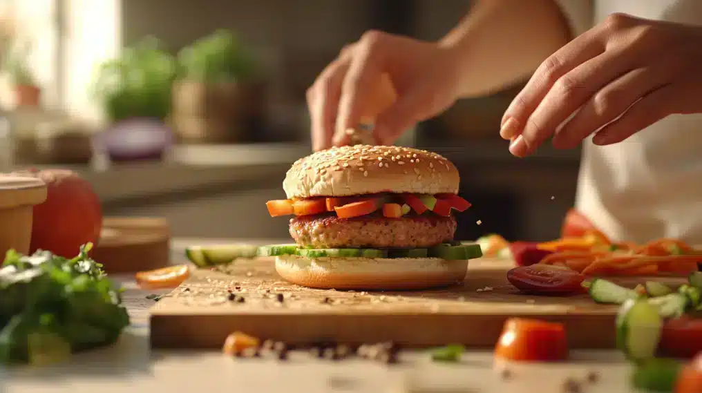 A slightly blurred action shot of hands assembling a healthy burger in a modern kitchen. The counter is covered with colorful chopped vegetables. A lean turkey patty is being placed on a whole wheat bun. The scene is brightly lit by natural light from a kitchen window, focusing on the act of cooking.