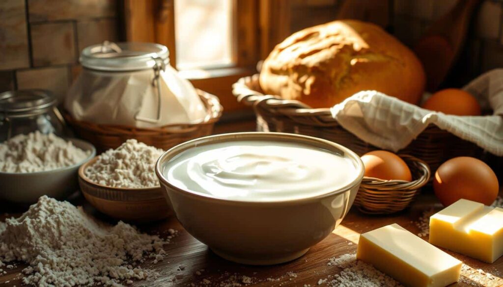 Baking ingredients on a rustic wooden table, featuring a glass jar of creamy kefir next to eggs, flour, and a mixing bowl.