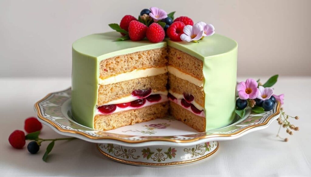 A traditional Swedish Princess Cake topped with green marzipan and a pink rose, showcasing its elegant royal-inspired design.