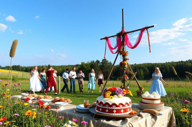 A vibrant outdoor celebration features a decorated wooden structure and a table filled with food, surrounded by people in colorful attire.