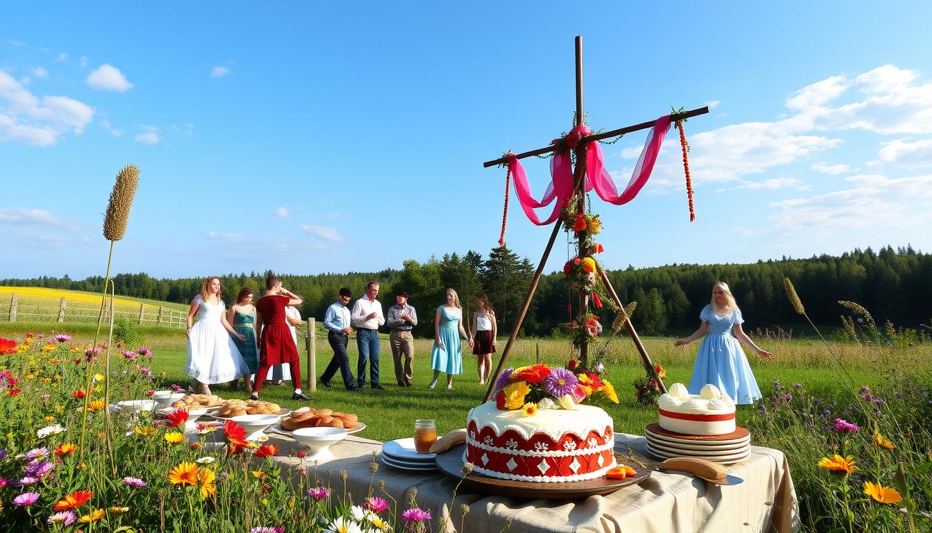 A vibrant outdoor celebration features a decorated wooden structure and a table filled with food, surrounded by people in colorful attire.