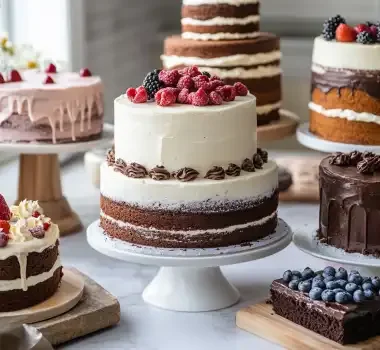A variety of beautifully decorated cakes displayed on stands and plates.