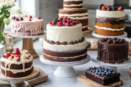 A variety of beautifully decorated cakes displayed on stands and plates.