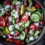 A colorful Greek salad with cucumbers, tomatoes, feta cheese, red onions, and olives is shown in a bowl.