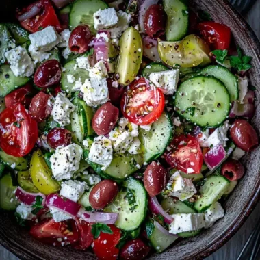 A colorful Greek salad with cucumbers, tomatoes, feta cheese, red onions, and olives is shown in a bowl.