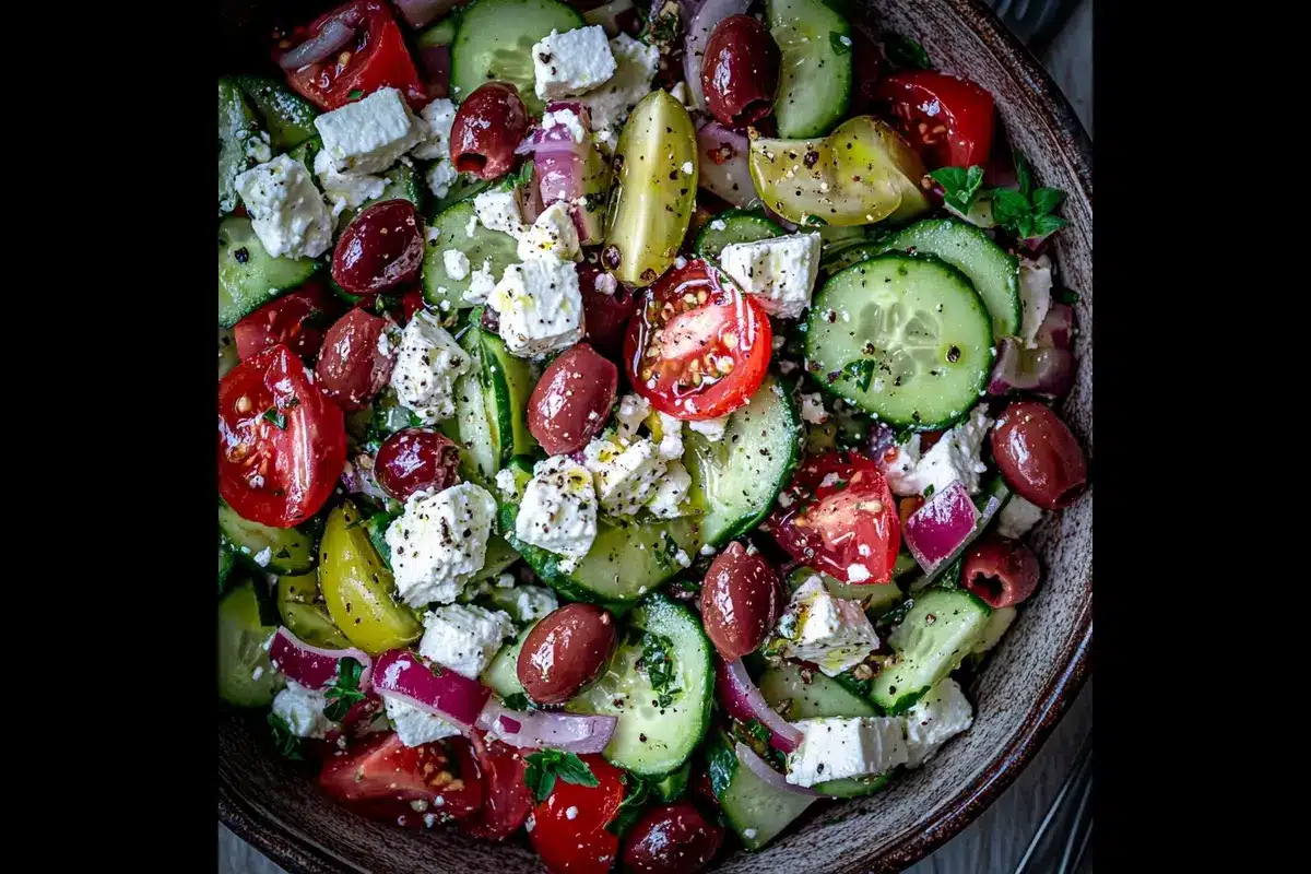 A colorful Greek salad with cucumbers, tomatoes, feta cheese, red onions, and olives is shown in a bowl.