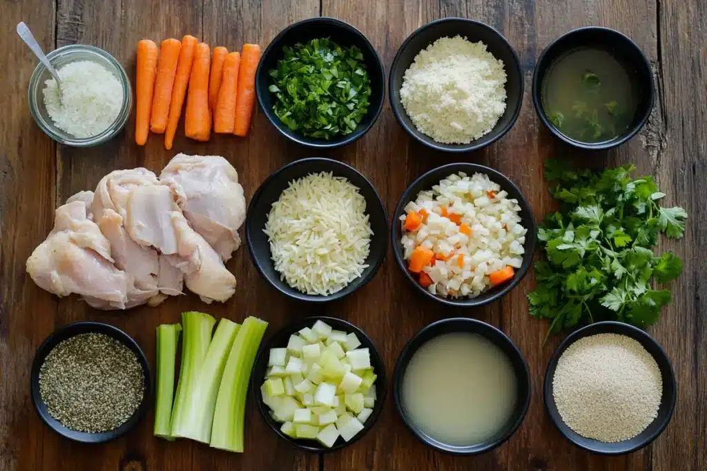 A variety of fresh ingredients laid out on a wooden surface for meal preparation, including chicken, vegetables, and seasonings.