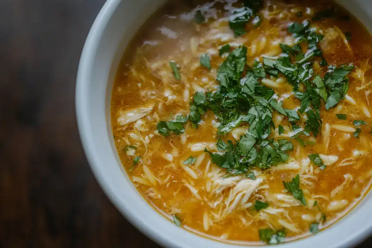 A close-up image of a bowl of chicken orzo soup garnished with fresh parsley.