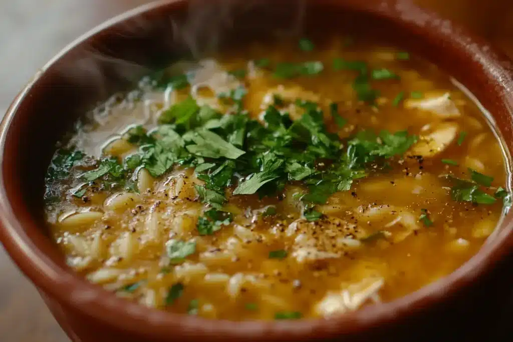 A steaming bowl of orzo soup is topped with fresh parsley.