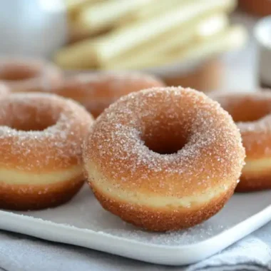 A plate of sugar-coated donuts with a creamy filling, presented on a white dish.