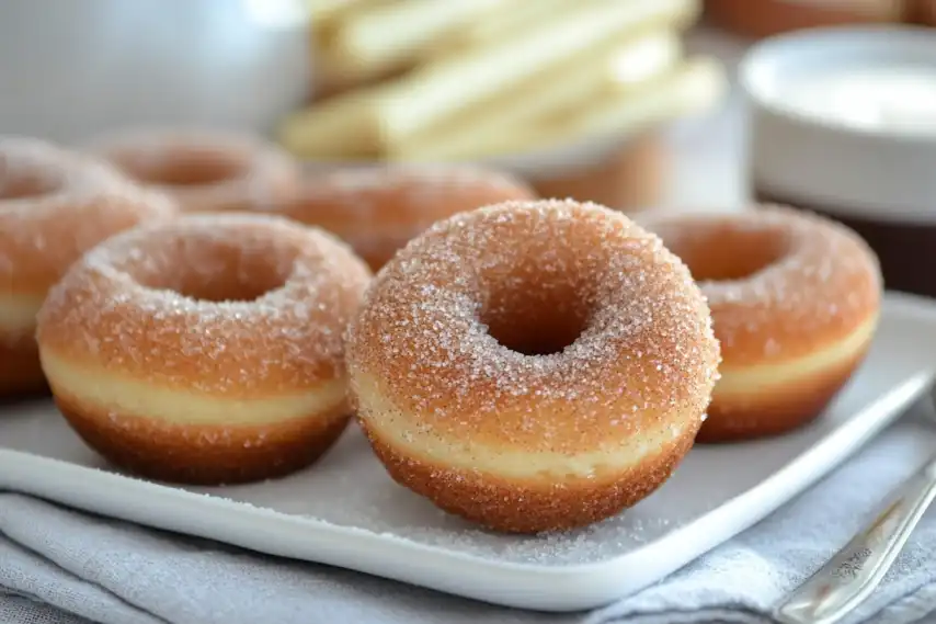 A plate of sugar-coated donuts with a creamy filling, presented on a white dish.