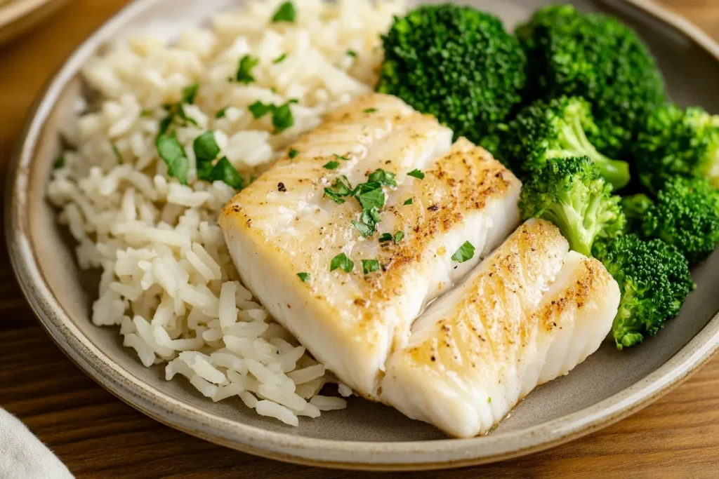 Top view of a delicious cod fish dinner with broccoli and rice arranged on a plate.