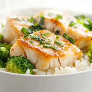 Bowl of white rice topped with cooked cod and broccoli.