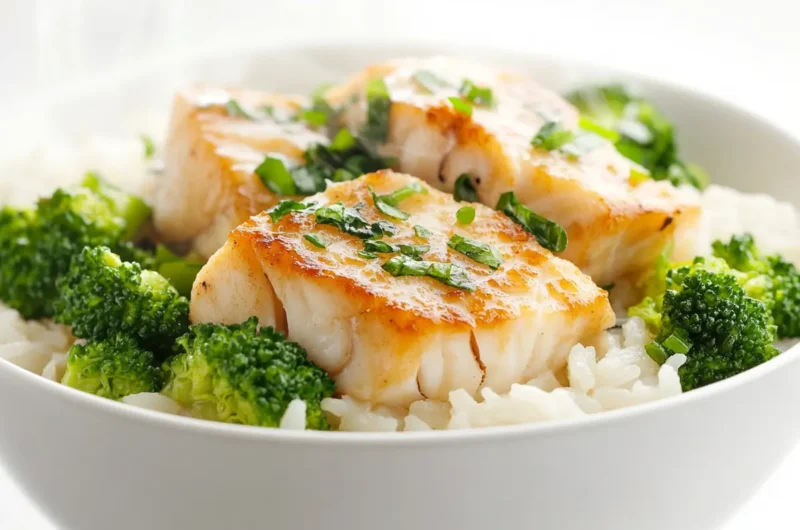 Bowl of white rice topped with cooked cod and broccoli.