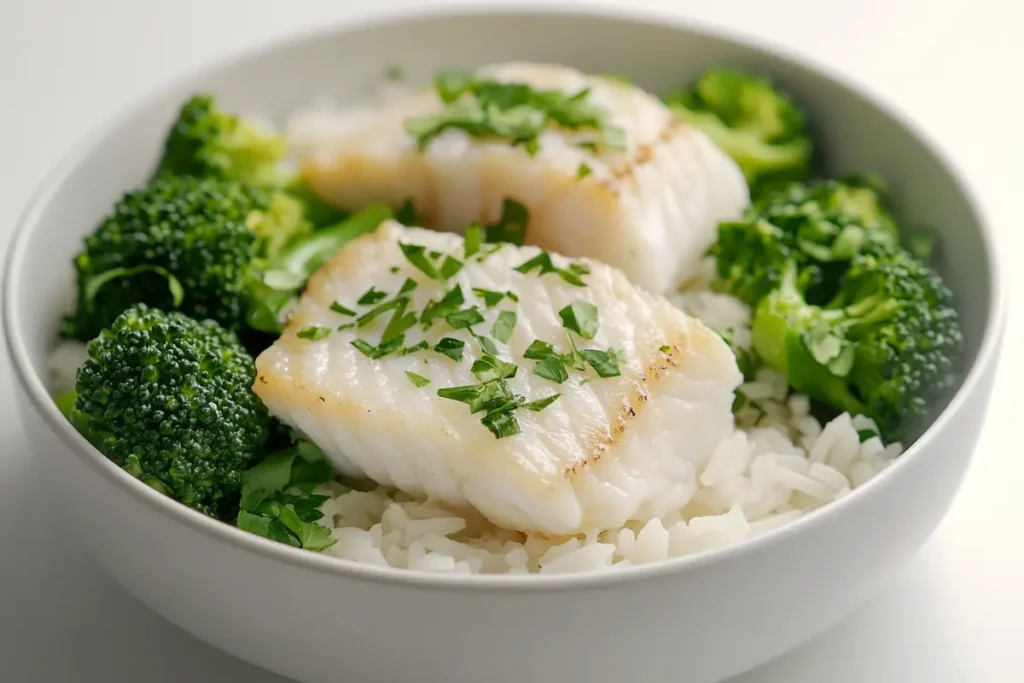 A close-up of a cod fish dinner with broccoli and rice, highlighting its fresh ingredients.