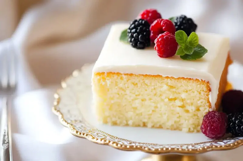 A slice of cake topped with berries on a decorative plate.