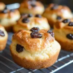 Freshly baked raisin scones cool on a wire rack.