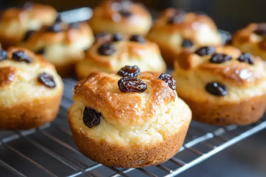 Freshly baked raisin scones cool on a wire rack.