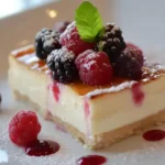 A slice of cheesecake topped with raspberries, blackberries, and a mint leaf sits on a white plate.