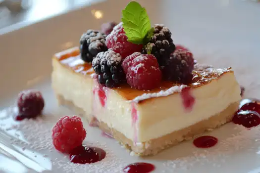 A slice of cheesecake topped with raspberries, blackberries, and a mint leaf sits on a white plate.