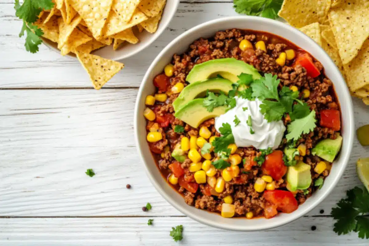 A bowl of chili topped with avocado, sour cream, and cilantro sits on a white wooden table next to tortilla chips.