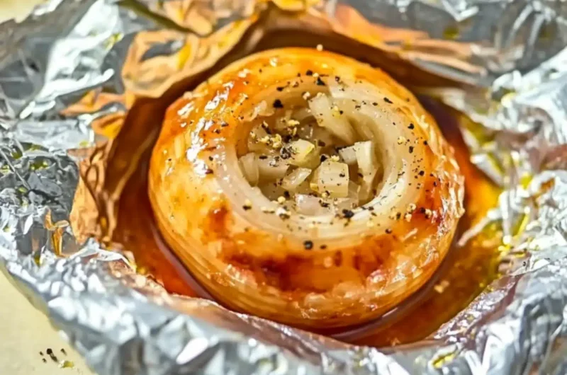 A close-up overhead image of a roasted onion in foil.