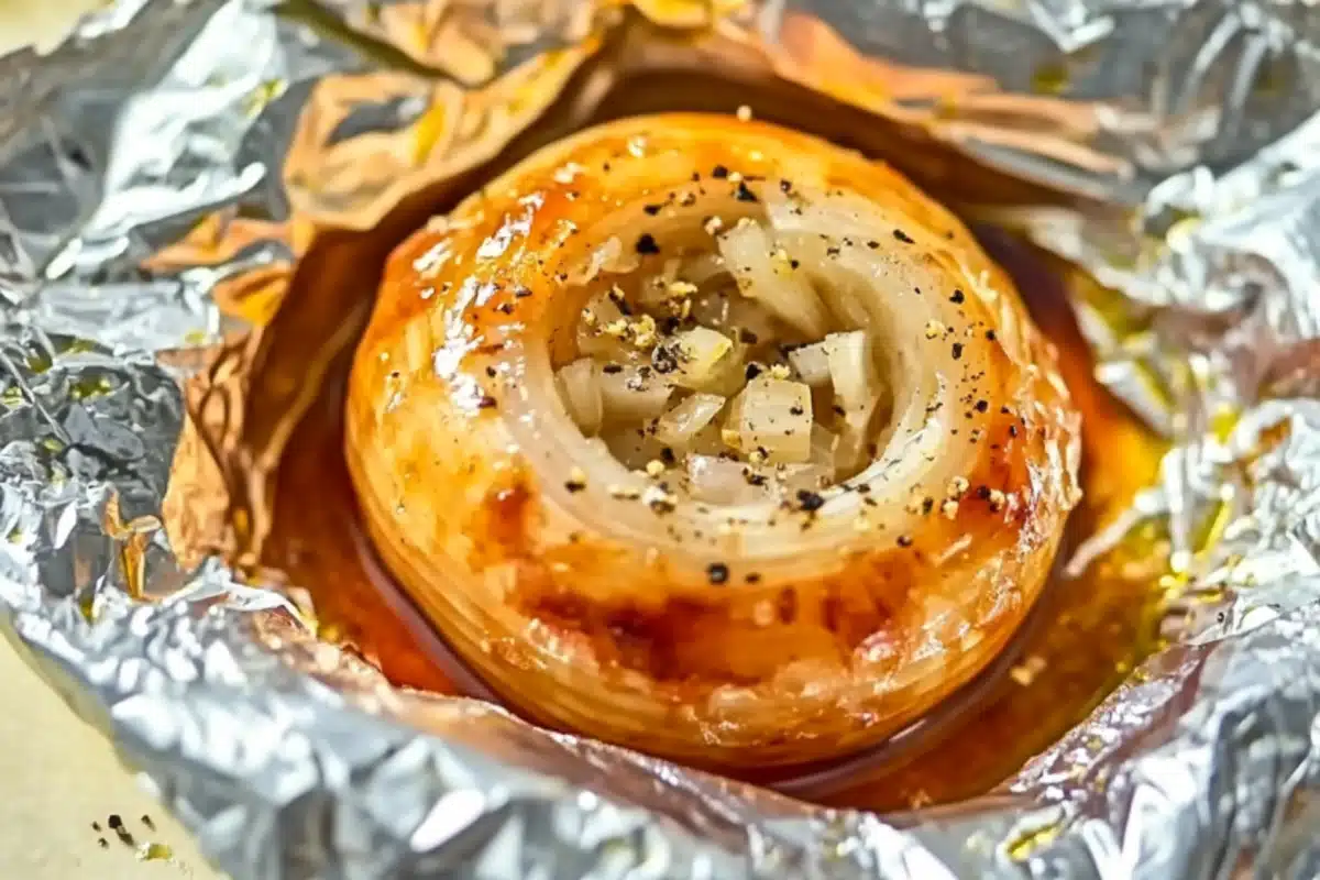 A close-up overhead image of a roasted onion in foil.