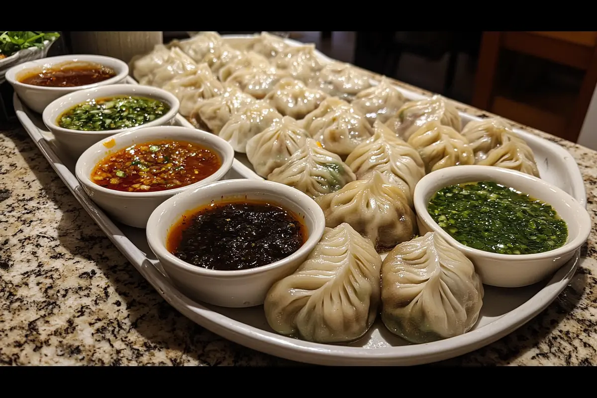 A platter of dumplings with various dipping sauces.