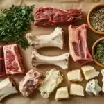 A flat lay arrangement of various cuts of beef and herbs on parchment paper.