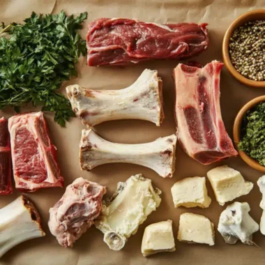 A flat lay arrangement of various cuts of beef and herbs on parchment paper.