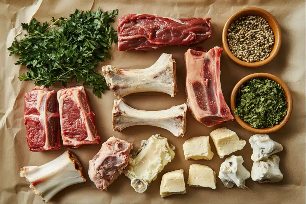 A flat lay arrangement of various cuts of beef and herbs on parchment paper.