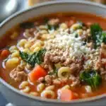 A bowl of hearty soup with ditalini pasta, sausage, vegetables, and grated cheese.