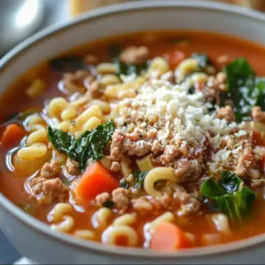 A bowl of hearty soup with ditalini pasta, sausage, vegetables, and grated cheese.