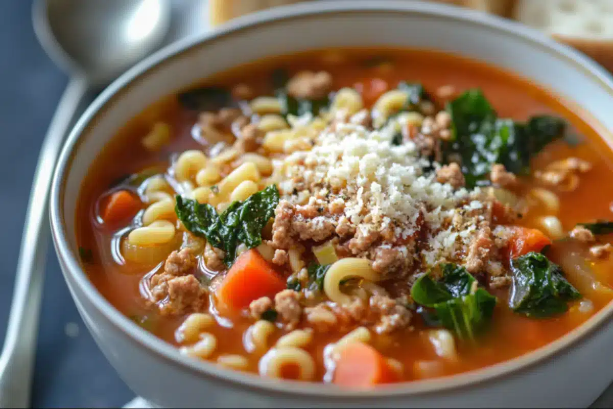 A bowl of hearty soup with ditalini pasta, sausage, vegetables, and grated cheese.